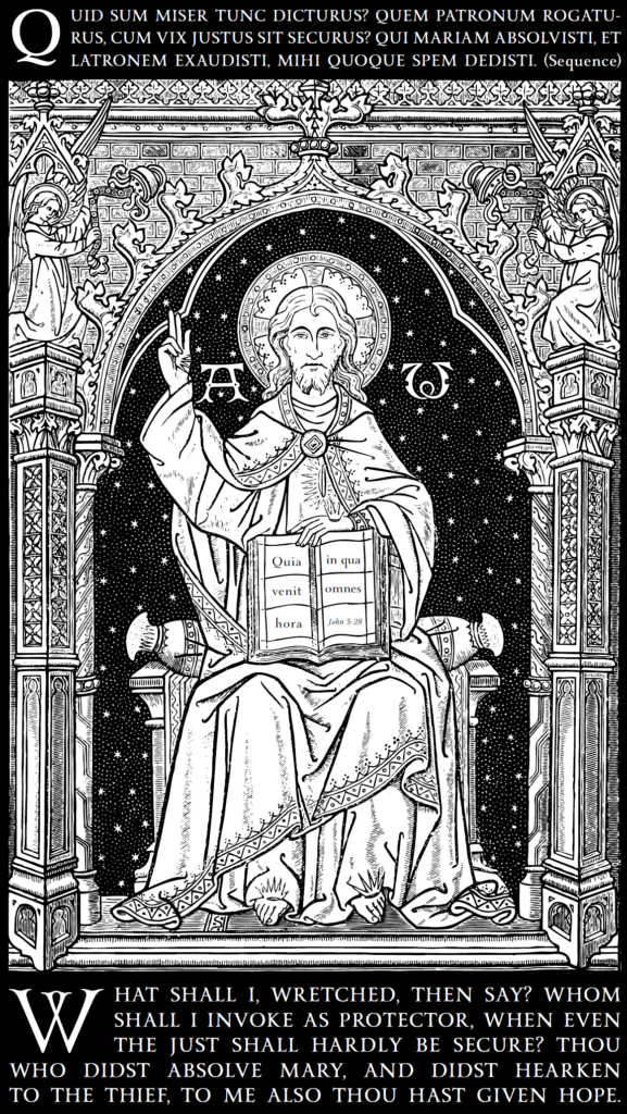A black and white line art drawing of Christ the judge enthroned within an arch with angels seated on pillars to His right and left with stars behind him.