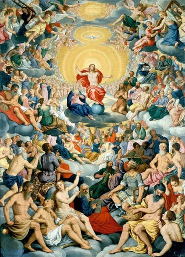 Christ sits atop a cloud next to Mary, with the sun behind Him. Saints and angels are reclining all around Him, seated on clouds themselves