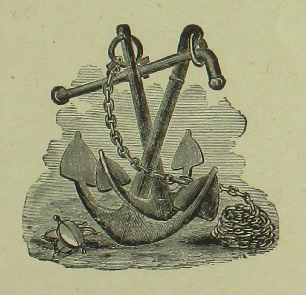 A black and white illustration of two anchors sitting upright, with a chain leading off of one into a coil on the ground