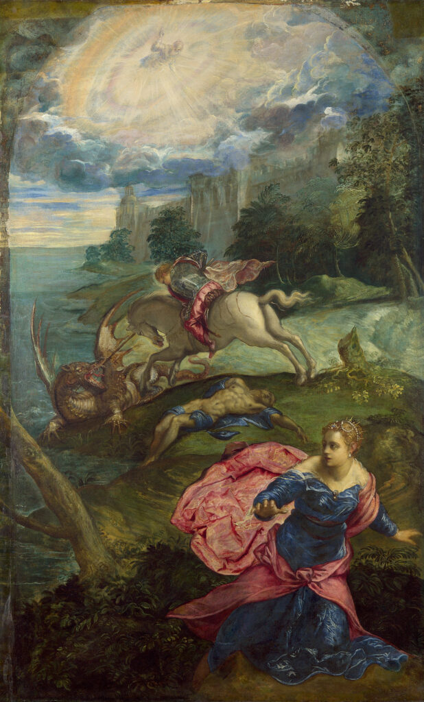 A painting of Saint George in the background on a horse attacking a dragon on a hillside by the water, with a woman fleeing in the foreground. From the heavens, the Lord looks down with rays emanating outward
