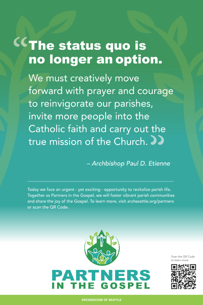 A poster from the Partners in the Gospel initiative quoting Archbishop Etienne saying "the status quo is no longer an option"