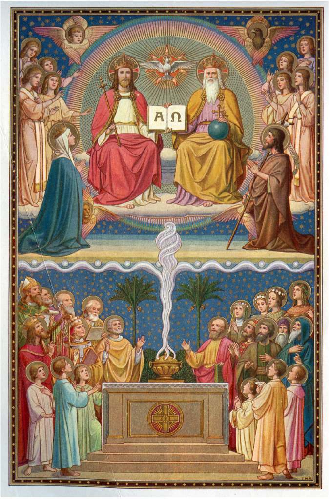 A color line art picture of people gathered around an altar as incense rises above them to heaven before the three Persons of the Trinity, Mary & Joseph, and all the saints & angels.