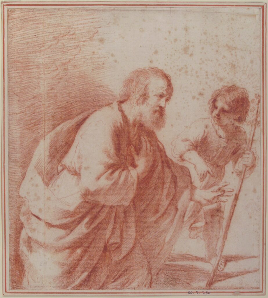 A drawing of Saint Joseph seen with his flower staff, which is held by the Christ child