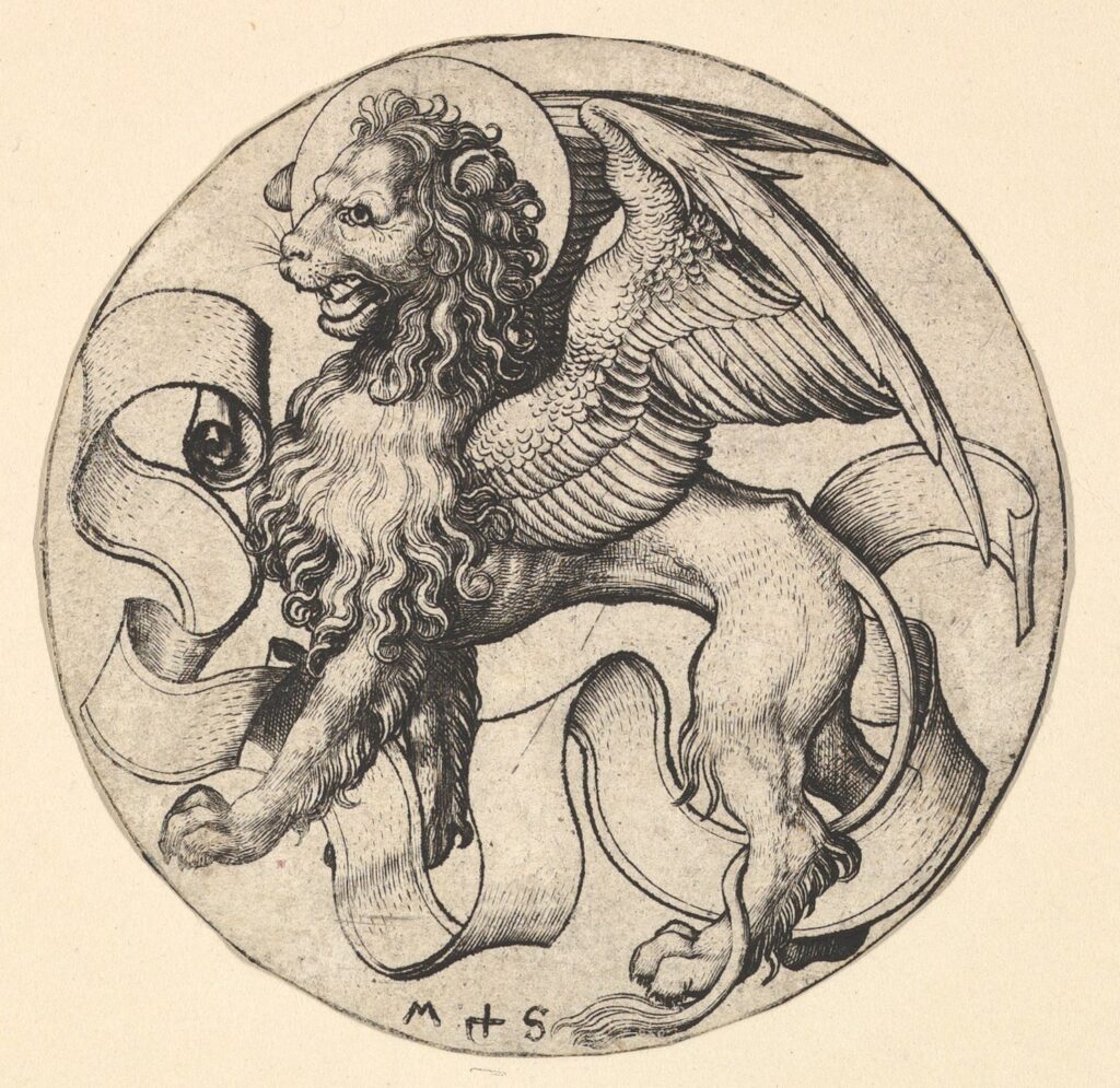 A print of a winged lion with a scroll unfurled in front of and around its legs, representing the apostle Mark