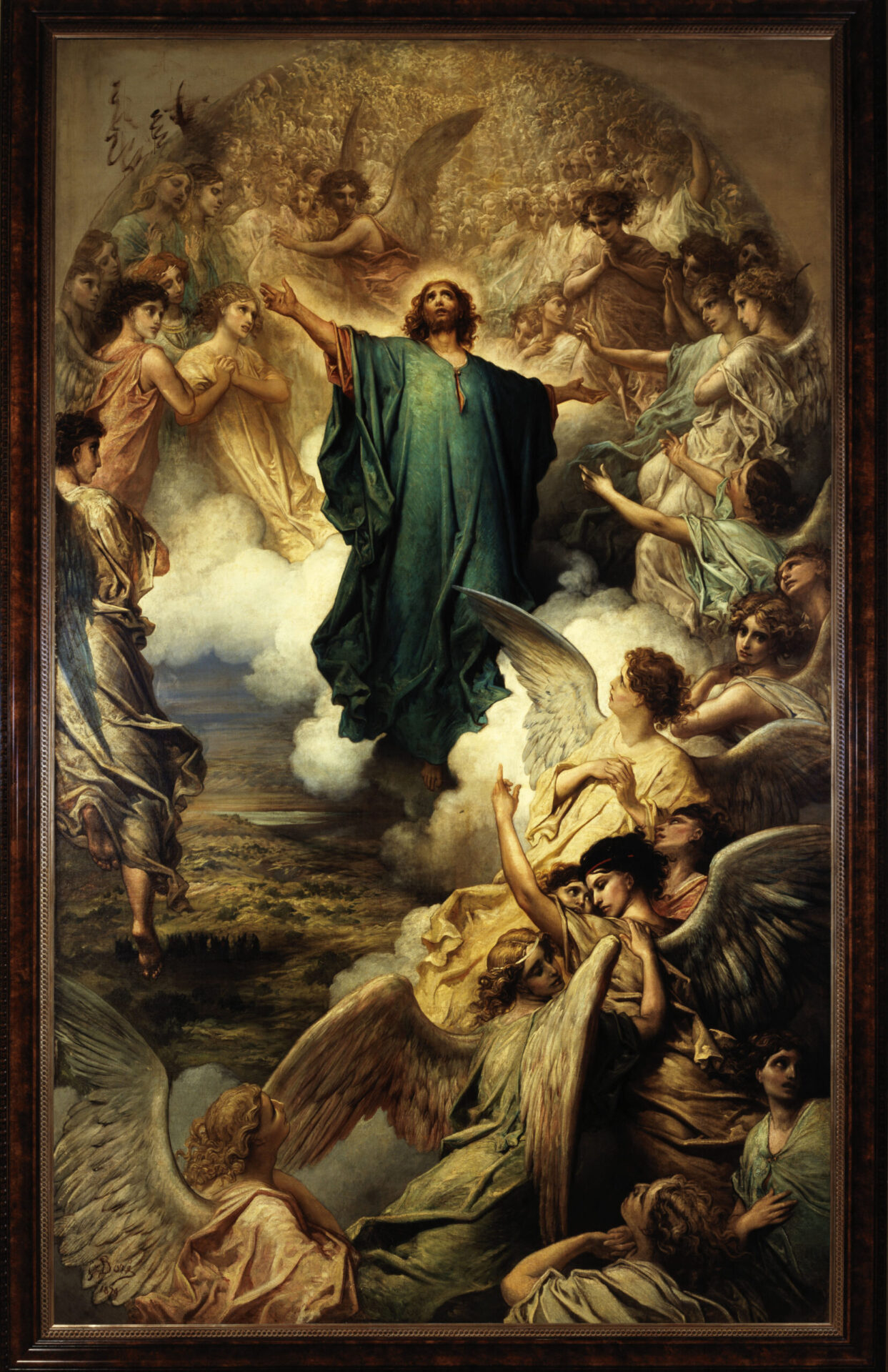 A painting of the Ascension of Jesus b Gustave Doré. Jesus, robed in blue and red, ascends into the heavens surrounded by clouds and angels