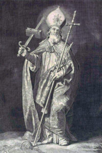 A drawing of Saint Boniface in his episcopal vestments, with a crozier in his left hand and a sword piercing a book in his right hand