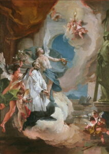 A painting of Saint Aloysius Gonzaga in cassock and surplice being escorted into heaven by angels on clouds.