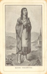 A black & white scan of a line art drawing of Saint Kateria Tekakwitha