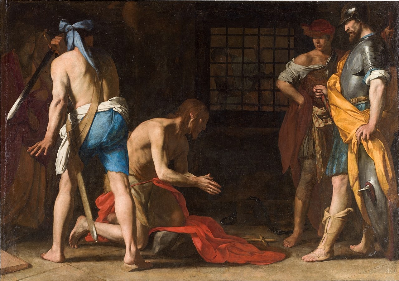 The Beheading of Saint John the Baptist by Massimo Stanzione (Massimo_Stanzione_-_Beheading_of_St_John_the_Baptist_-_WGA21701) A painting of the beheading of Saint John the Baptist as he kneels before the soldiers while the executioner readies his sword for the fatal blow.
