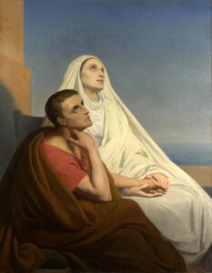 A painting by Ary Scheffer of a young Saint Augustine sitting with his mother, Saint Monica, as they hold hands and gaze heavenward.