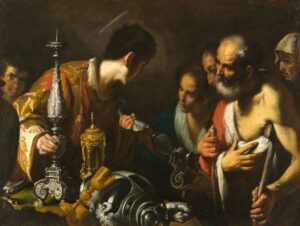 A painting of Saint Lawrence, robed in his diaconal vestments, distributed the treasures of the Church to the poor