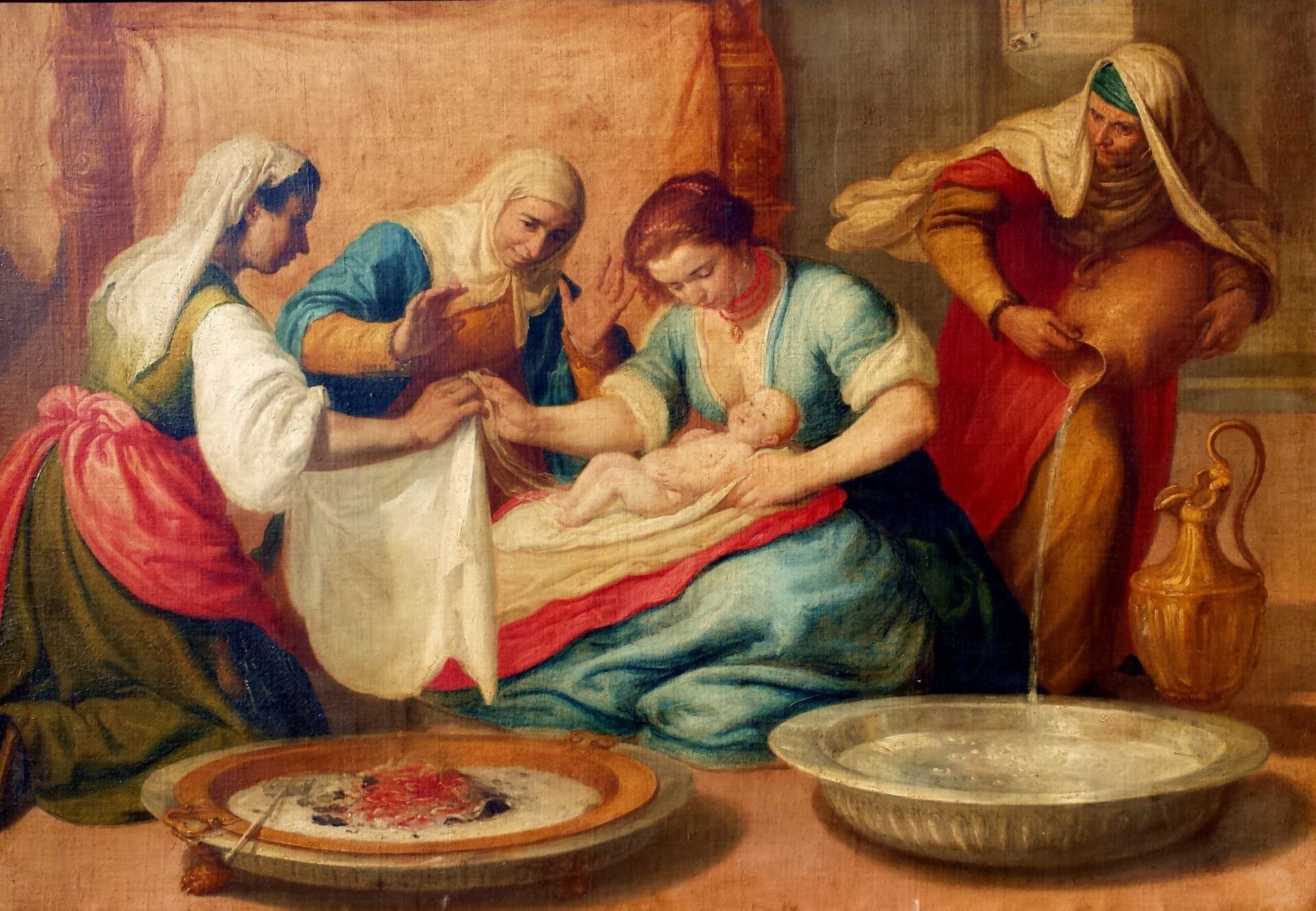 A painting of Pope Saint Gregory the Great in his white robe and red mozetta sitting at a desk with a quill in his hand with his papal tiara and books on the desk. Behind and above him is a dove representing the Holy Spirit.