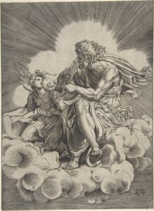 A black and white print of Saint Matthew by Agostino Veneziano. Saint Matthew sits on a cloud, talking to an angel