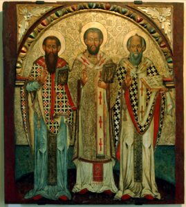 A 17th century icon from Lipie (history museum of Sanok, Poland) of Saint Basil of Caesarea, Saint John Chrysostom, and Saint Gregorius of Nazianzus