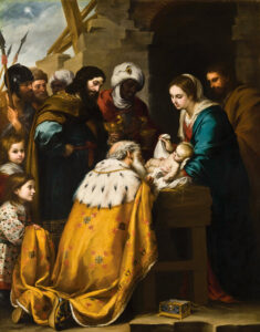 A painting by Bartolomé Esteban Murillo of the magi adoring the baby Jesus as Mary and Joseph look on