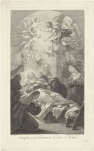 An engraving by Francesco Bertolozzi of the death of Saint Scholastica. Lying in her habit on her death bed, Saint Scholastica is surrounded by her religious sisters, with angels looking on from above.