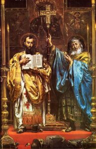 A painting by Jan Matejko of Saints Scyrl and Methodius. Standin before a golden iconostatis, Cyril holds a book and Methodius holds a processional cross.