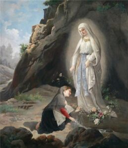 A painting by Virgilio Tojetti of the apparition of Virgin Mary to Bernadette Soubirous in the Grotto at Massabielle near Lourdes. Mary stands robed in white and blue in front of Saint Bernadette Soubirous. At Mary's feet are yellow roses.