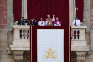 A photo of Pope Leo XIV on the loggia on the day of his being elected pope.