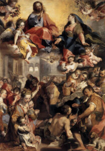 Jesus and Mary sit together in conversation on clouds, surrounded by angels. Below them people gather in a city in wonder.