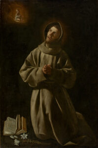 The child Jesus appears in the clouds above while Saint Anthony of Padua kneels below in his habit looking upward with hands together. At his knees are lillies and an open book.