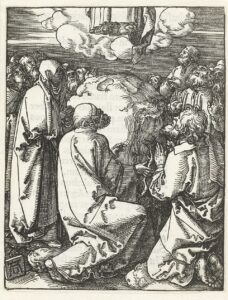 Christ ascends to heaven in the presence of his disciples and his mother.