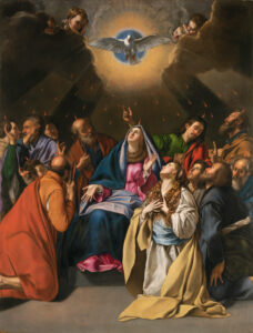 A painting of the Apostles sitting around the Virgin Mary and the other Mary as tongues of fire burn over each of their heads, with the Holy Spirit in the form of a dove overhead.