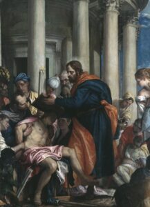 Before a semi-circle of columns, Saint Barnabas stands over a sick man, holding the Book of the Gospels over him in intercession for his healing. Around them both a crowd looks on.