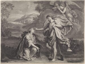 After his resurrection, Christ appears to a kneeling Mary Magdalene with a spade and in the presence of two angels.