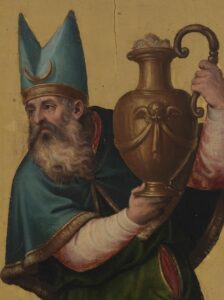 A painting of Saint Aaron, brother of Moses. Robed in the vestments of a Jewish high priest, he holds a vessel while looking to the side.
