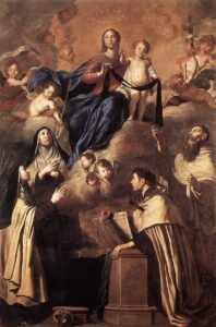 A painting of Our Lady of Mount Carmel sitting on the clouds with the infant Jesus standing next to her while saints look up at her.