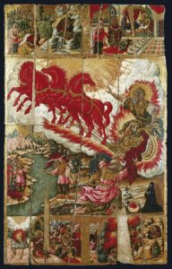 An icon depicting various scenes of the life of the prophet. Across the top and bottom are two sets images depicting his life while in the center an image of his ascension into heaven on a horse-drawn chariot.