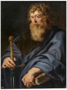 A painting of Saint Paul robed in blue, holding a sword in one hand and a book in the other.