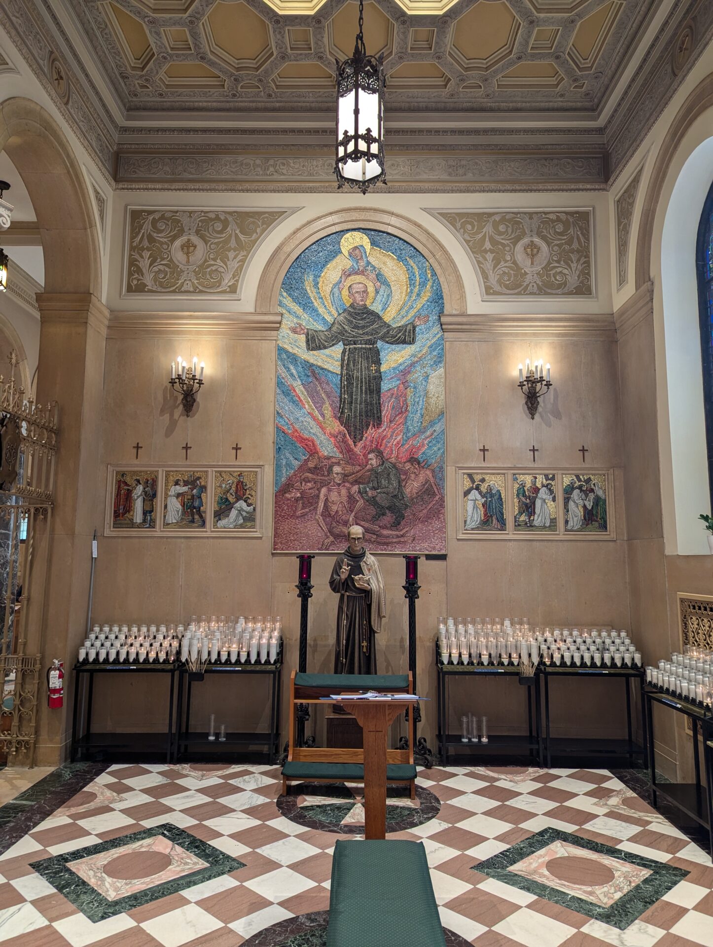 A photo of the mosaic of Saint Maximilian Kolbe at the National Shrine of Saint Maximilian Kolbe in Marytown, IL.