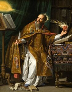 Robed in a golden cope and dalmatic over an alb, Saint Augustine sits at a desk with a quill in one hand and a flaming heart in another, looking upwards at a burning sun with the word 'veritas' (truth) at its center.