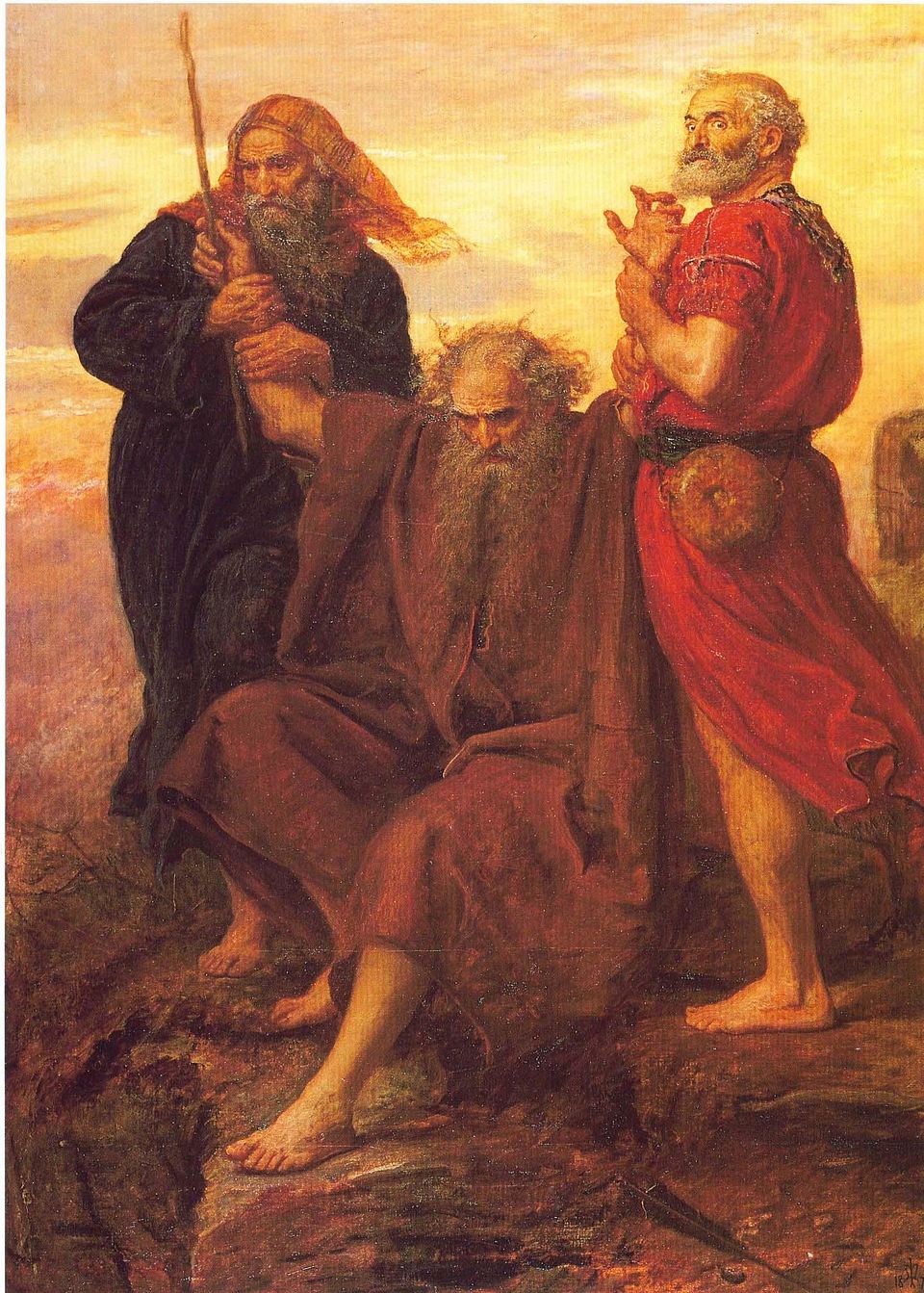 A painting of Moses sitting on a cliff face with his arms raised, held by Aaron and Hur during the battle against Amalek