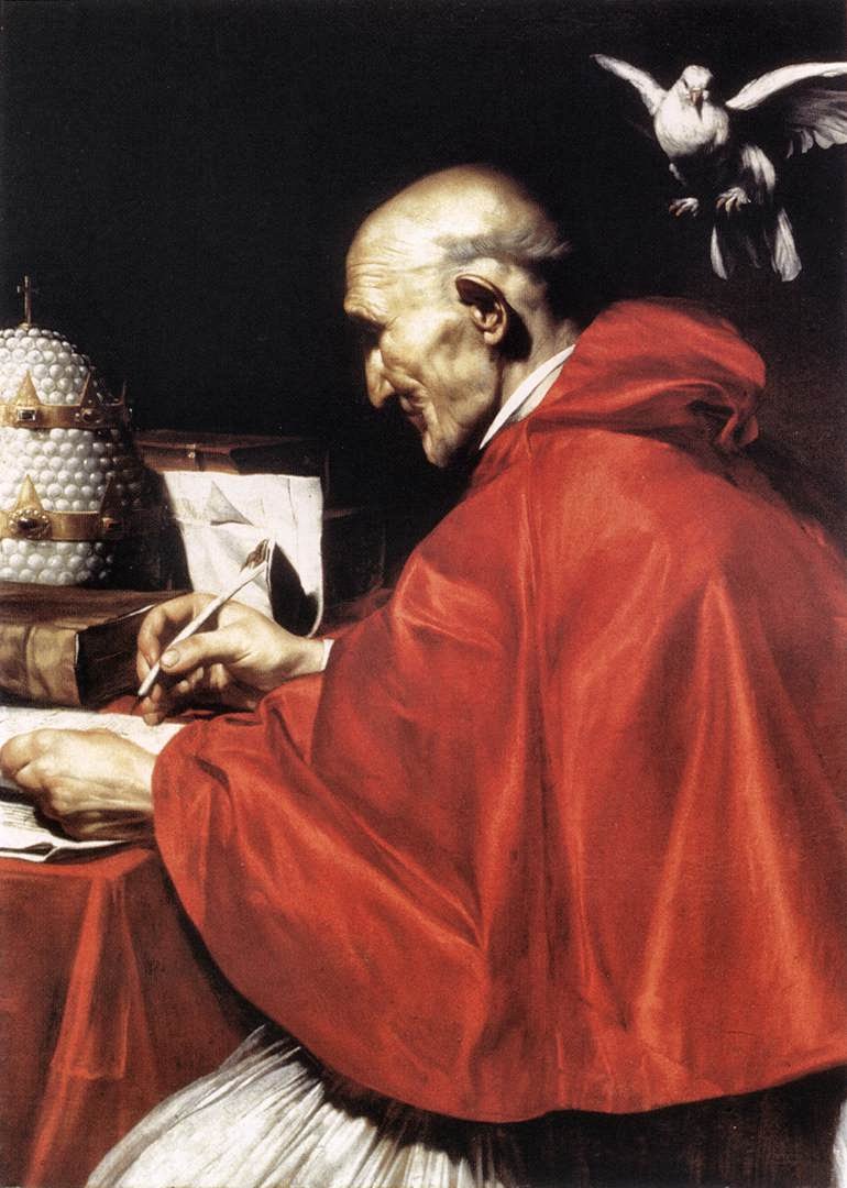 A painting of Pope Saint Gregory the Great in his white robe and red mozetta sitting at a desk with a quill in his hand with his papal tiara and books on the desk. Behind and above him is a dove representing the Holy Spirit.