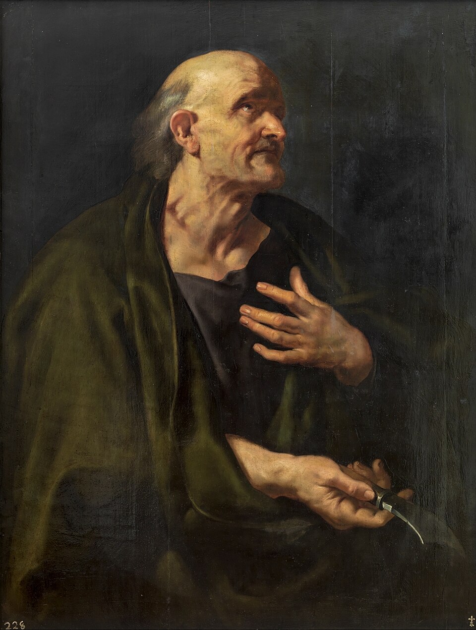 Saint Bartholomew by Peter Paul Rubens (Rubens_apostel_bartolomeus_grt) A painting of Saint Bartholomew. Robed in Green and black, he sits gazing upward with a knife - the instrument associated with his martyrdom - in his hand.