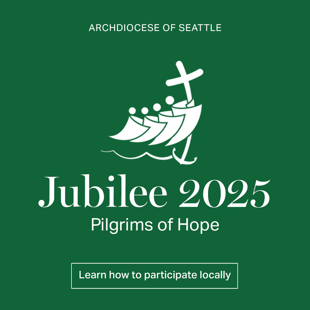 The Jubilee 2025 logo for the Archdiocese of Seattle. Several stylized characters holding to a cross in the shape of an anchor, all against a green background.