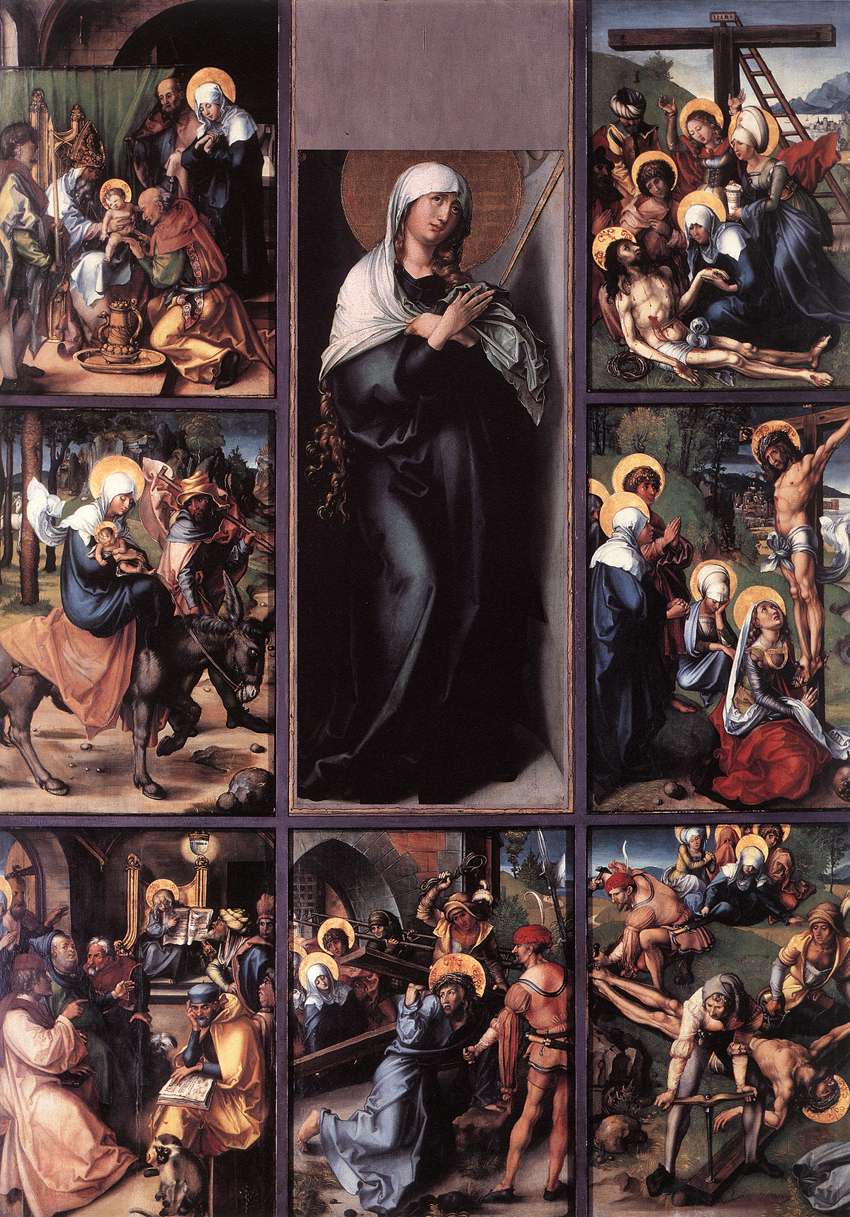 The Seven Sorrows of the Virgin by Albrecht Dürer (Durer,_polittico_dei_sette_dolori,_ricostruzione) A painting of the Blessed Mother surrounded by images of each of the seven sorrows she experienced