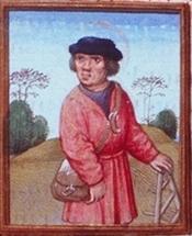 A painting of Saint Guy of Anderlecht. Robed in red and wearing a hat, he stands in front of a landscape, looking behind himself