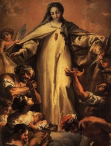 A painting by Vicente López Portaña of the Virgin of Mercy redeeming captives. Mary stands on a cloud with freed captives and angels around her.