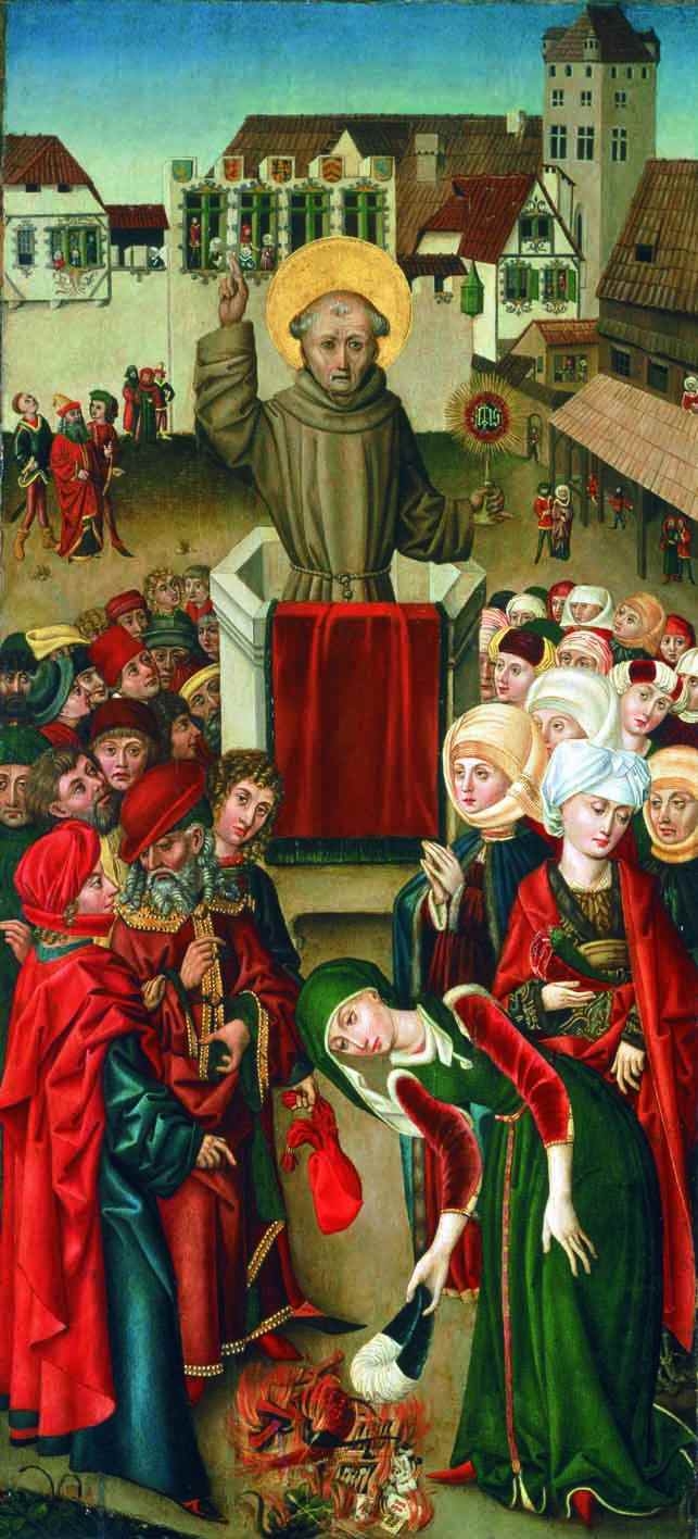 A painting of Saint John of Capistrano at an outdoor podium with one hand raised and the other holding a monstrance in the midst of a crowd.