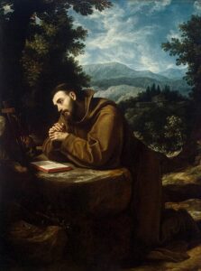 A painting of Saint Francis of Assisi contemplating the wounds of stigmata as part of the Imitation of Christ