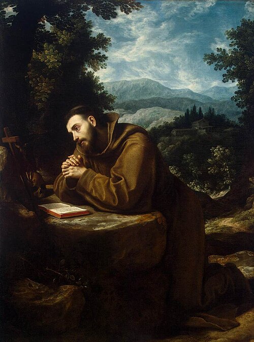 A painting of Saint Francis of Assisi contemplating the wounds of stigmata as part of the Imitation of Christ