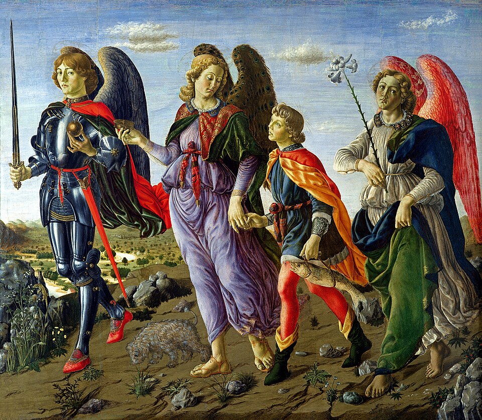 A painting of the archangels Michael, Raphael, and Gabriel walking across the landscape. St. Michael leads the way, St. Raphael guides Tobias by the hand while St. Gabriel follows after.