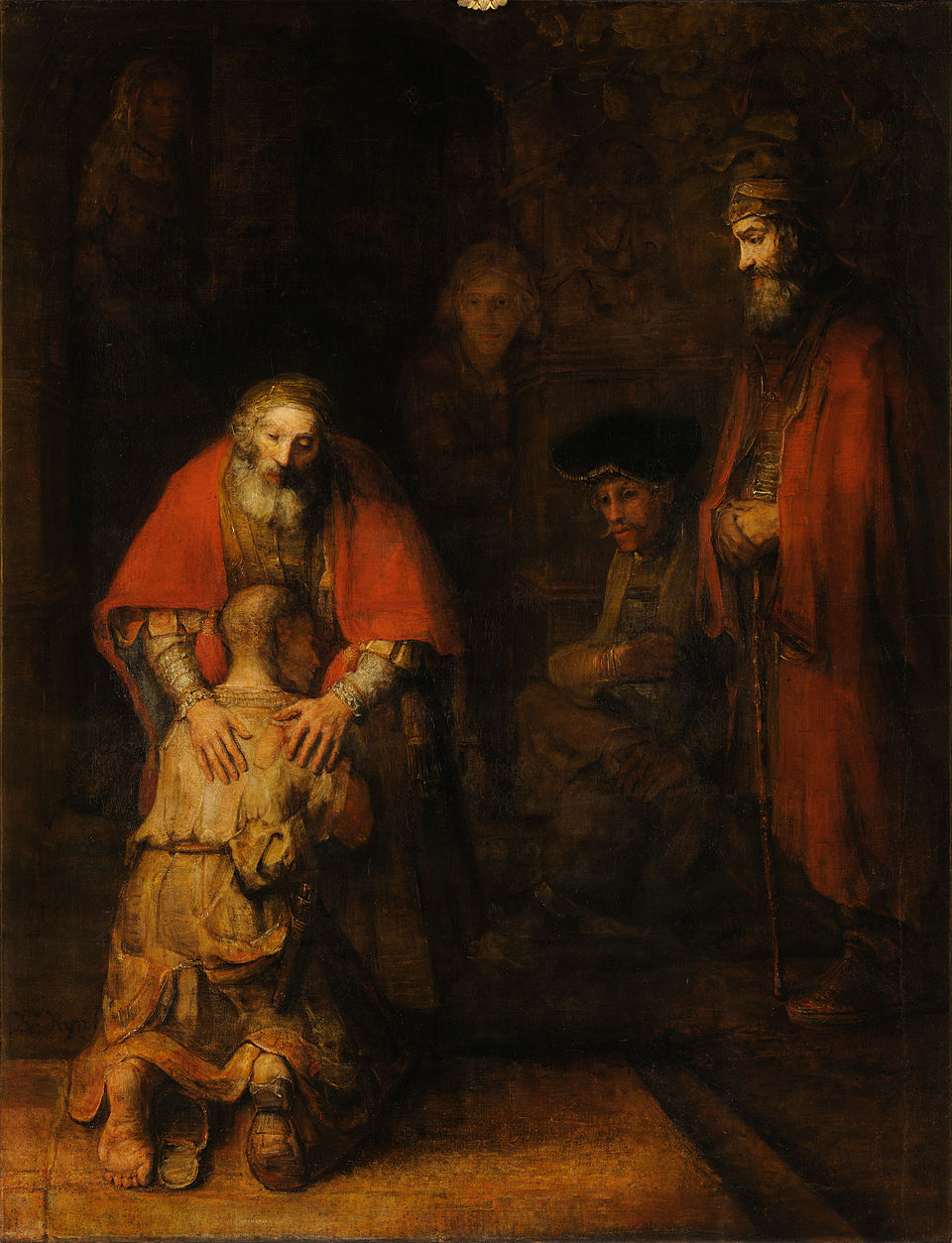 Return of the Prodigal Son by Rembrandt (960px-Rembrandt_Harmensz_van_Rijn_-_Return_of_the_Prodigal_Son_-_Google_Art_Project) The prodigal son kneels before his father, who embraces him in welcome. Bystanders look on while the older brother looks angrily on from the shadows.