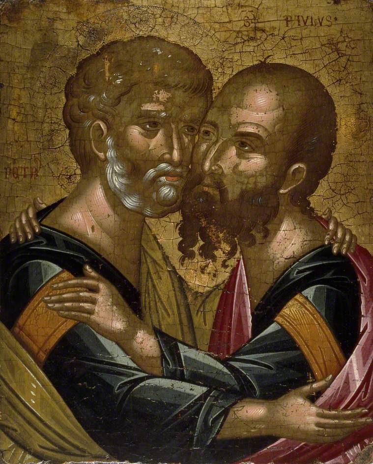 An icon by Angelos Akontantos of the embrace of Saints Peter & Paul