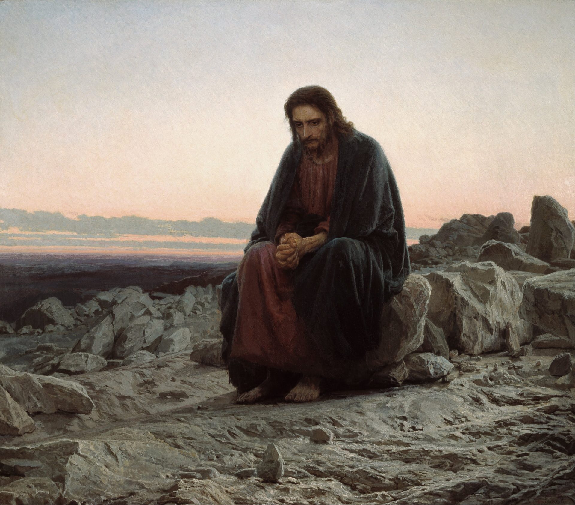Christ in the Wilderness, Ivan Kramoskoy(Christ_in_the_Wilderness_-_Ivan_Kramskoy_-_Google_Cultural_Institute) Robed in red & white, Jesus sits on a rocky landscape during His forty days in the desert
