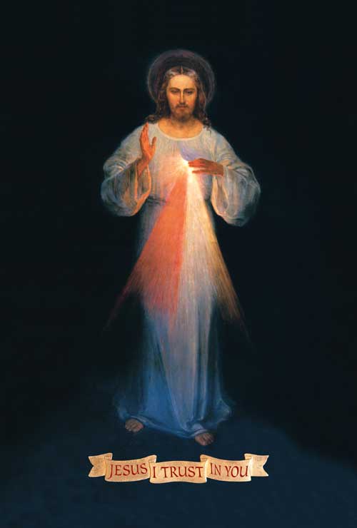 Divine Mercy - 'Jesus, I trust in You' (Divine-Mercy43) The Divine Mercy image of Jesus, robed in white, pointing towards His heart, from which red and white rays emanate. Beneath Him is a ribbon with the words 'Jesus I trust in You'.
